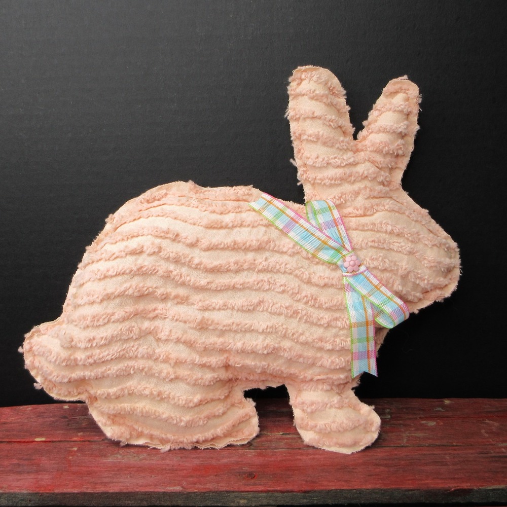 Primitive Farmhouse Peach Chenille Bunny Rabbit Pillow Decoration Easter Decor